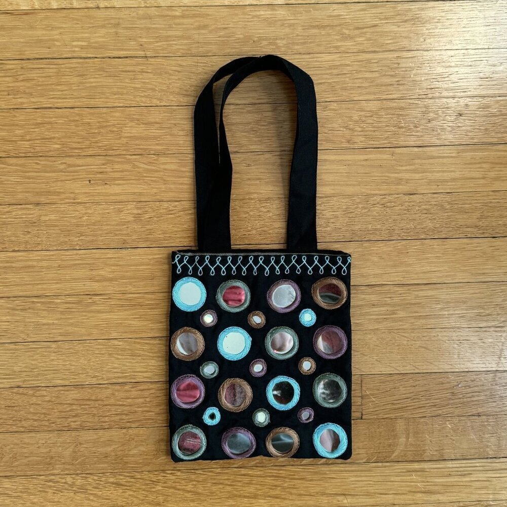 Black Multi Color Embroidered Mirror Double Handle Small / Tiny Tote Evening Bag